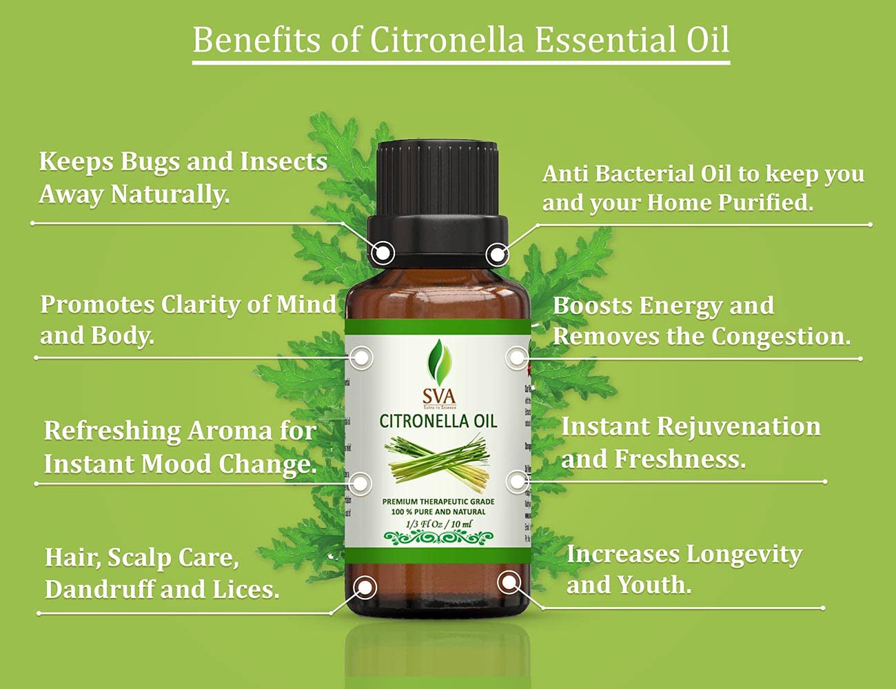 SVA Citronella Essential Oil - 1/3 Oz (10 ML) 100% Pure & Natural Therapeutic Grade Oil for Skin, Body, Diffuser, Candle Making