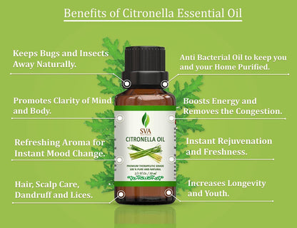 SVA Citronella Essential Oil - 1/3 Oz (10 ML) 100% Pure & Natural Therapeutic Grade Oil for Skin, Body, Diffuser, Candle Making
