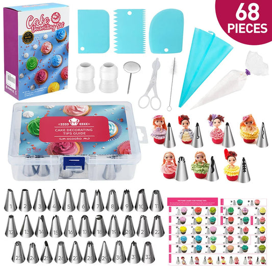 68 Pcs Cake Decorating Kit with 32 Numbered Icing Tips | 7 Korean Piping Tips | 21 Pastry Bags | 3 Cream Scrapers Baking Tools for Cake Lovers