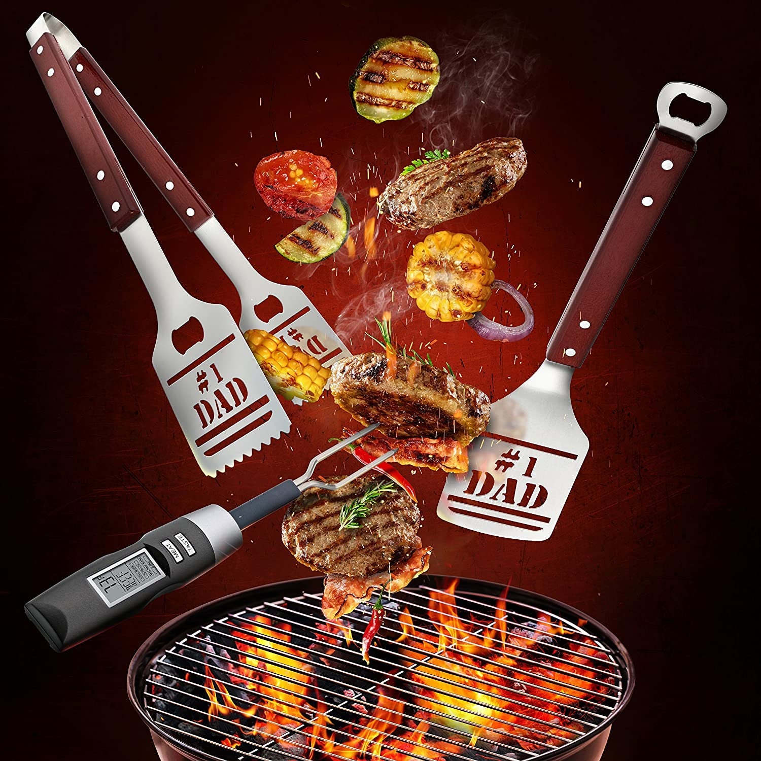  BBQ Grill Tools Set Gift for Dad, 4 Piece Set, Number 1 Dad Tongs, Spatula, Digital Thermometer and Case