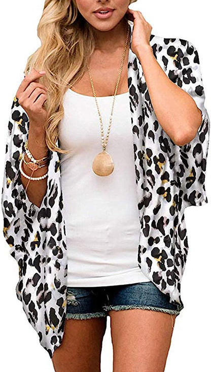  Women Floral Leaf Kimono Summer Cardigan Sheer Loose Half Sleeve Beach Shawl Chiffon Cover Up Casual Blouse Tops
