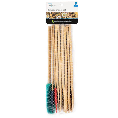 9 Piece 100% Natural Bamboo Utensil Set for Cooking