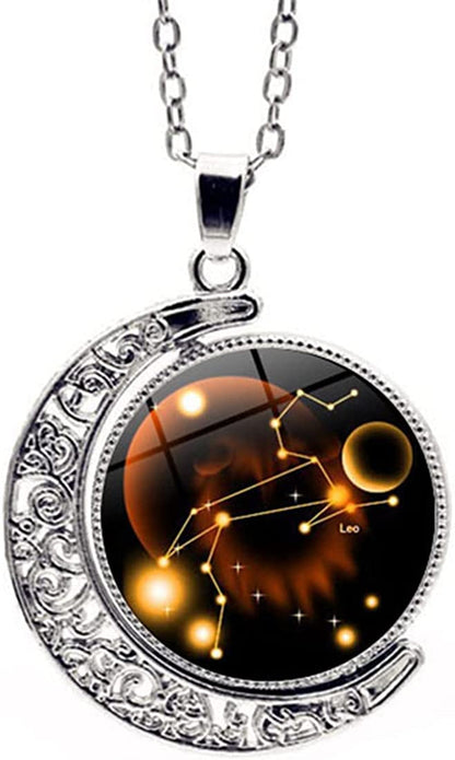 Zodiac Necklace Jewelry Birthday Gifts Astrology 12 Constellation Horoscope Sign Galaxy Crescent Half Moon Pendant Necklace