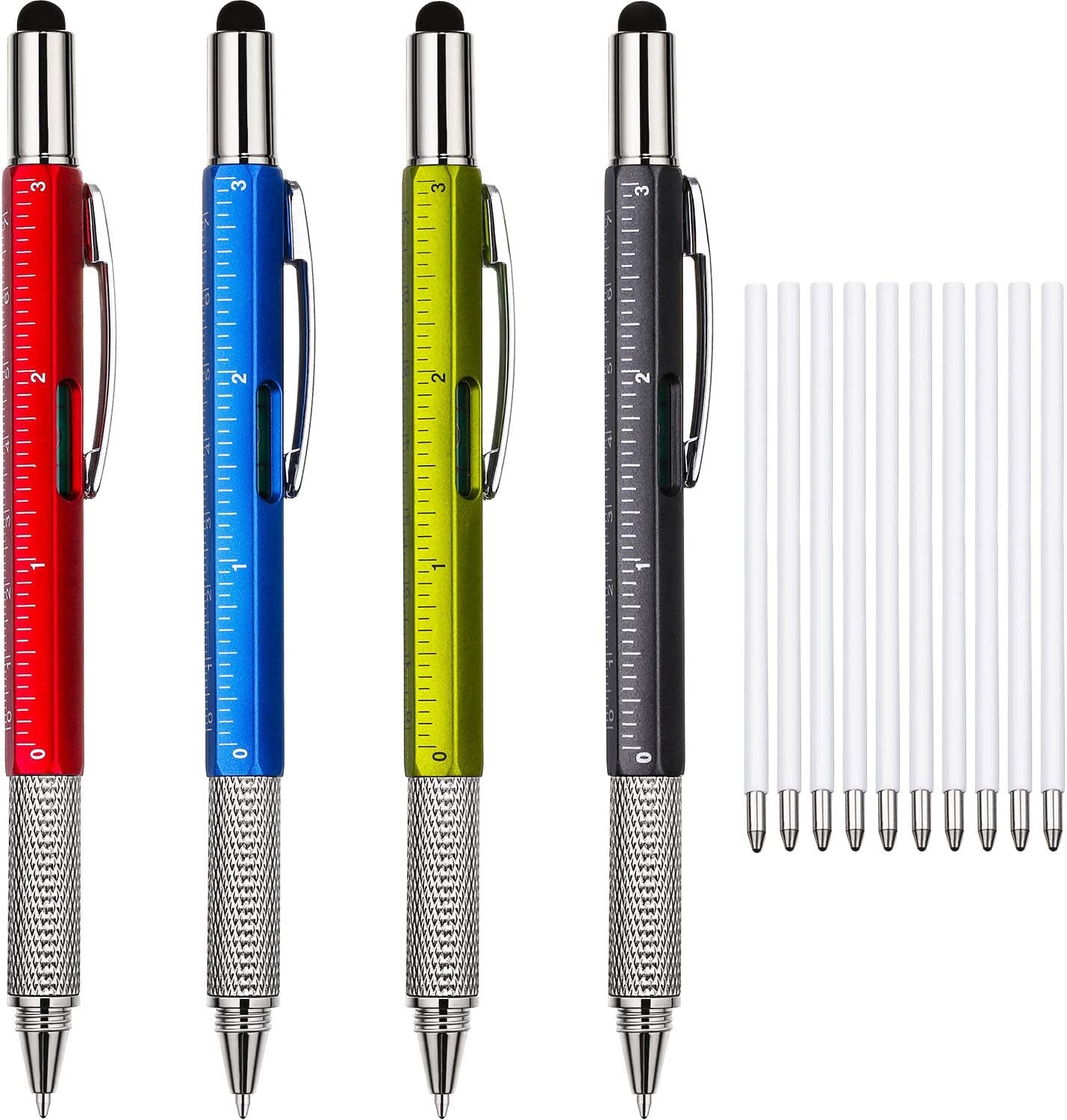 4 Pieces Gift Pen for Men 6 in 1 Multitool Tech Tool Pen Screwdriver Pen with Ruler, Levelgauge, Ballpoint Pen and Pen Refills, Unique Gifts for Men (Red, Green, Blue, Gray)