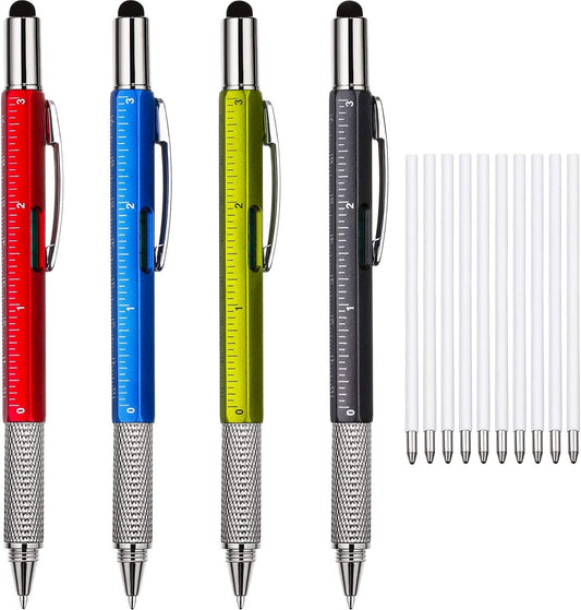 4 Pieces Gift Pen for Men 6 in 1 Multitool Tech Tool Pen Screwdriver Pen with Ruler, Levelgauge, Ballpoint Pen and Pen Refills, Unique Gifts for Men (Red, Green, Blue, Gray)