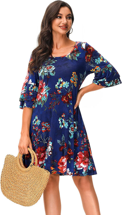 Summer Casual T-Shirt Dresses for Women Loose Fit Comfy Short Sleeves Women Dresses with Pockets Fall Dress