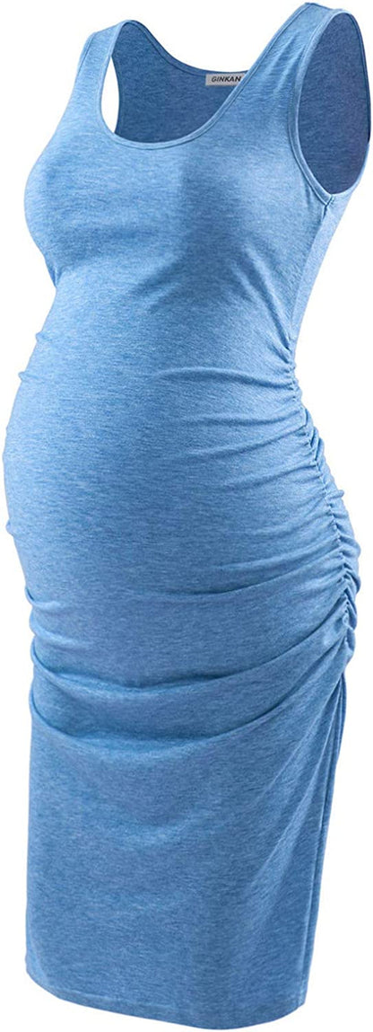  Maternity Tank Dress Bodycon Sleeveless Casual Short Ruched Midi Fitted Dress for Pregnant Women