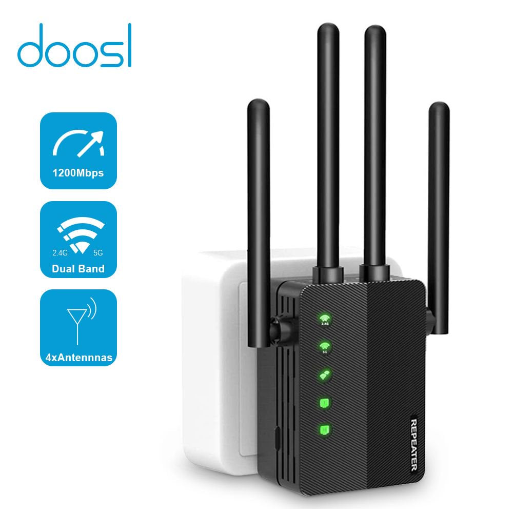 4 Antennas Wifi Range Extender, 1200Mbps Signal Booster Repeater Cover up to 2500 Sq.Ft, 2.4 & 5Ghz Dual Band 