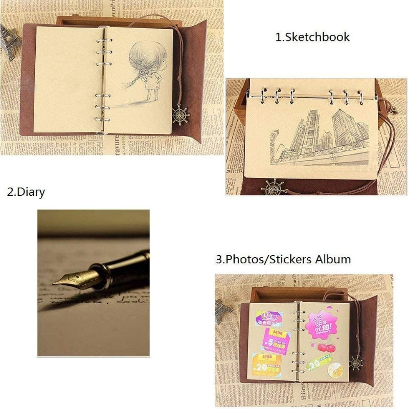 Vintage Refillable Journey Diary, Classic Embossed Travel Journal Notebook with Blank Pages and Retro Pendants