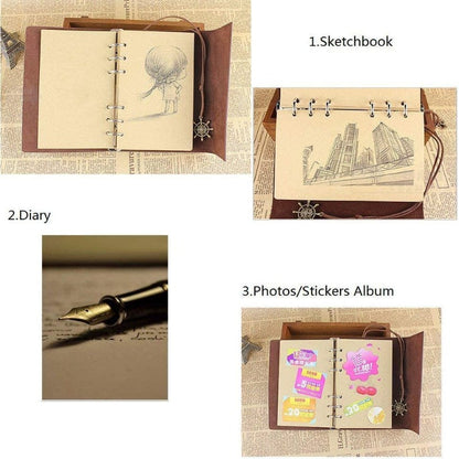 Vintage Refillable Journey Diary, Classic Embossed Travel Journal Notebook with Blank Pages and Retro Pendants