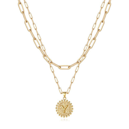 Gold Initial Necklaces for Women Girls 14K Gold Plated Dainty Layering Paperclip Link Chain Necklace Coin Initial Layered Gold Necklaces for Women