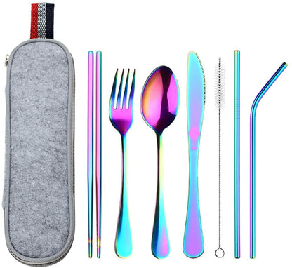 DZRZVD Portable Utensils Travel Camping Cutlery Set Including Knife Fork Spoon Chopsticks Cleaning Brush Straws Portable Case Stainless Steel Flatware Set
