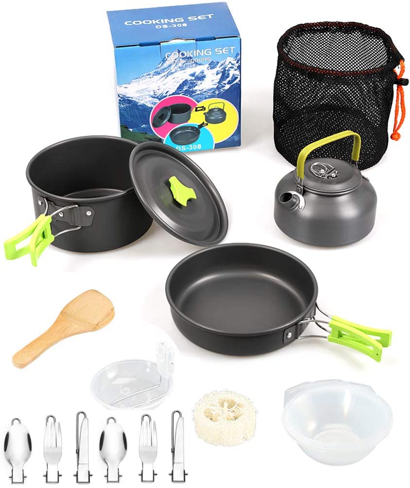 DZRZVD Camping Cookware Mess Kit Gear,Backpacking Accessories Equipment Pots and Pan Set with Mesh Carrying Bag for Hiking, Picnic