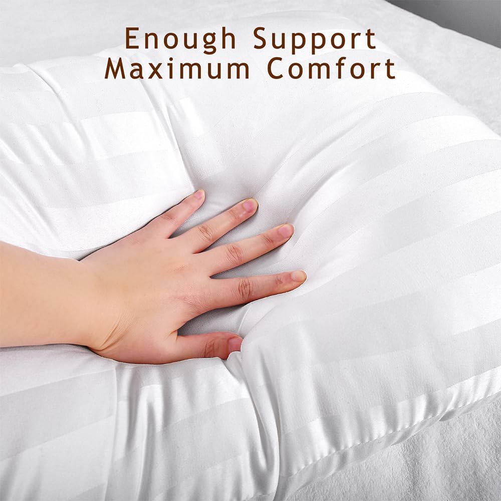 2-Pack Queen Bed Pillows – 20 x 30 Inches – Super Soft Down Alternative Microfiber – Side & Back Sleeping Use – Wide Stripe White