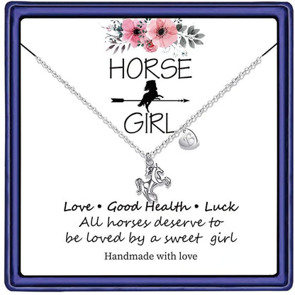  Girls 14K White Gold Plated Heart Initial Horse Necklace 
