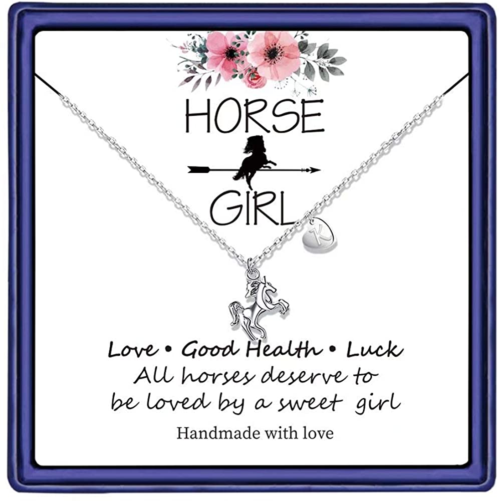  Girls 14K White Gold Plated Heart Initial Horse Necklace 