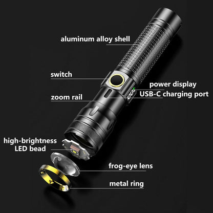 Rechargeable LED Flashlight – High Lumen EDC Use – Zoomable Beam with Digital Power Display – USB-C Charging for Home, Outdoor, Camping & Emergency Survival