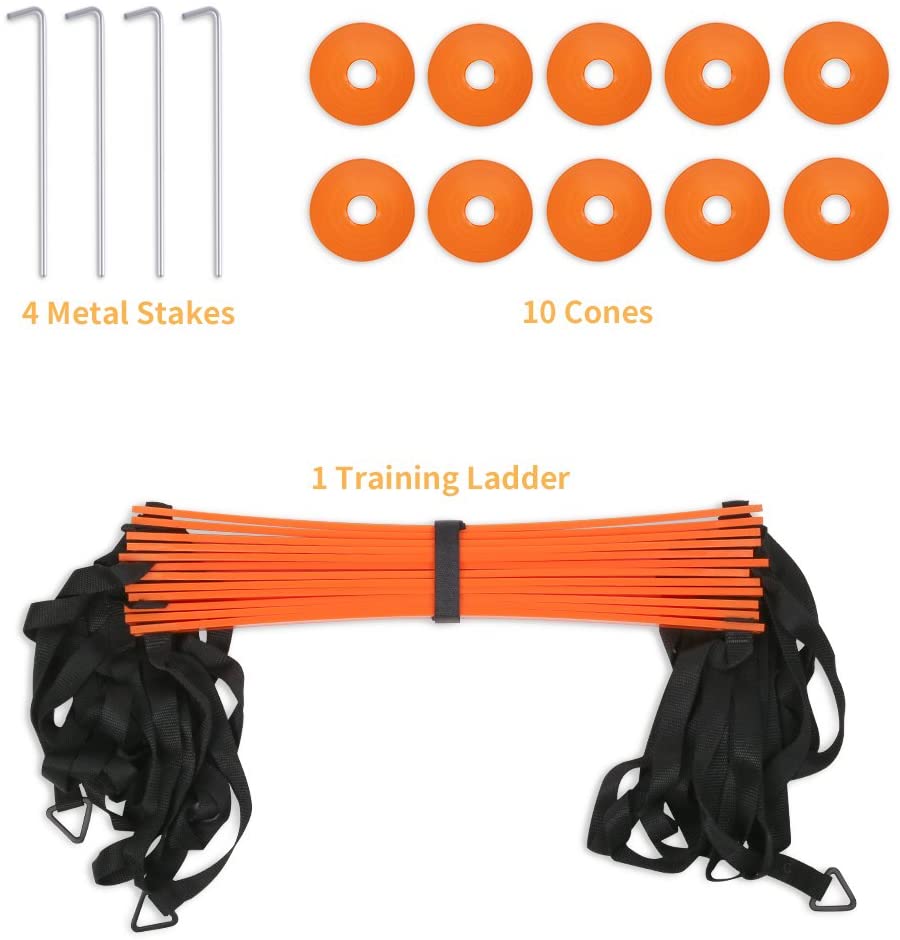 YISSVIC Agility Ladder and Cones 20 Feet 12 Adjustable Rungs Fitness Speed Training Equipment, 20 Feet Speed Agility 1 Carry Bags, 10 Cones, 4 Stakes, Basketball, Soccer, Football