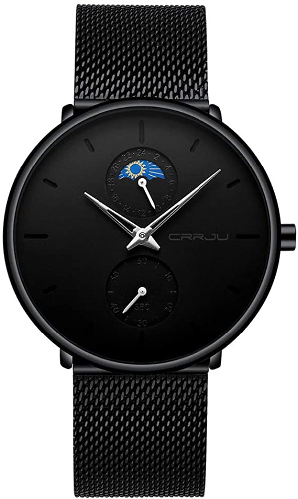 Men's Minimalistic Ultra Thin Quartz Wrist Watch Stainless Steel Mesh Strap Black Casual 24H Display Dress Watch Men Analogue