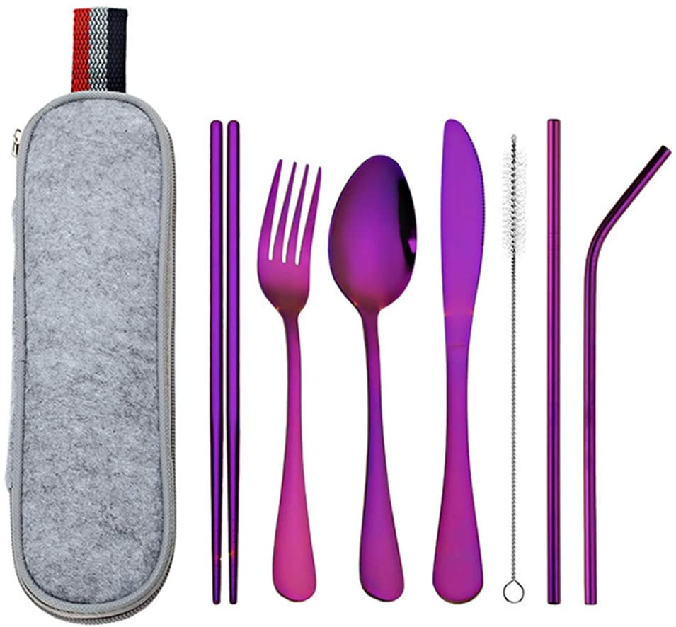 DZRZVD Portable Utensils Travel Camping Cutlery Set Including Knife Fork Spoon Chopsticks Cleaning Brush Straws Portable Case Stainless Steel Flatware Set