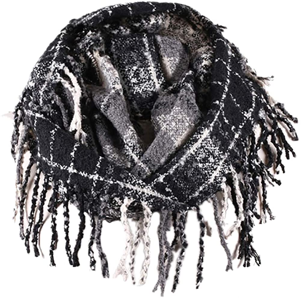 Womens Winter Plaid Infinity Scarf Warm Tassel Circle Loop Scarves & Knit Fall Scarfs for Women