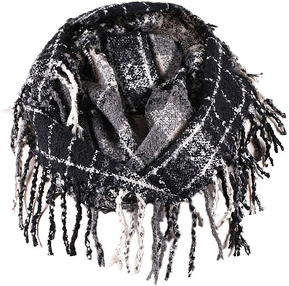 Womens Winter Plaid Infinity Scarf Warm Tassel Circle Loop Scarves & Knit Fall Scarfs for Women