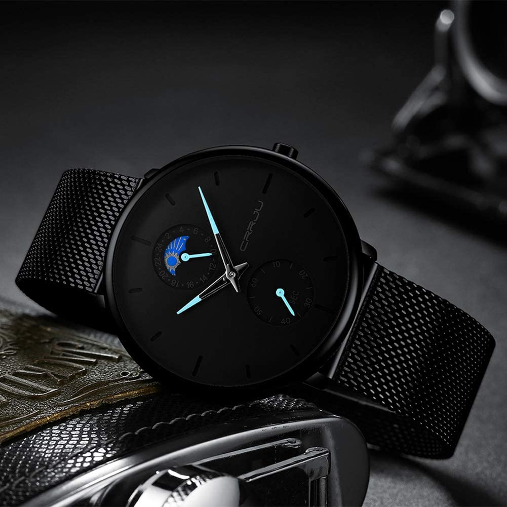 Men's Minimalistic Ultra Thin Quartz Wrist Watch Stainless Steel Mesh Strap Black Casual 24H Display Dress Watch Men Analogue