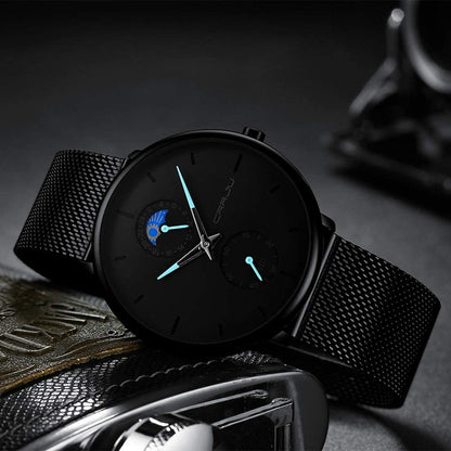 Men's Minimalistic Ultra Thin Quartz Wrist Watch Stainless Steel Mesh Strap Black Casual 24H Display Dress Watch Men Analogue