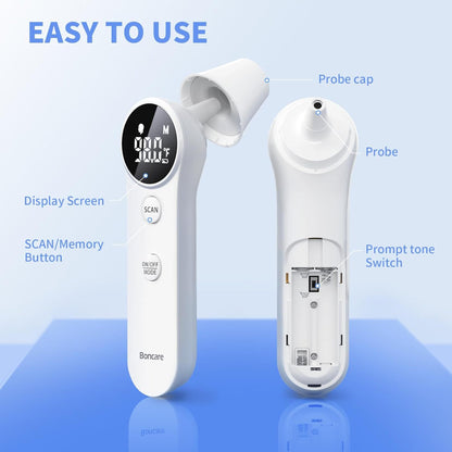 Infrared Thermometer – Ear & Forehead Use – Digital No-Touch – 1-Second Reading for Adults & Kids – Fever Alarm