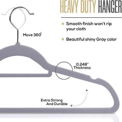 20-Pack Velvet Clothes Hangers – Non-Slip Use with Tie Bar – Heavy Duty Coat Hanger – 360° Rotatable Hook – Grey Finish
