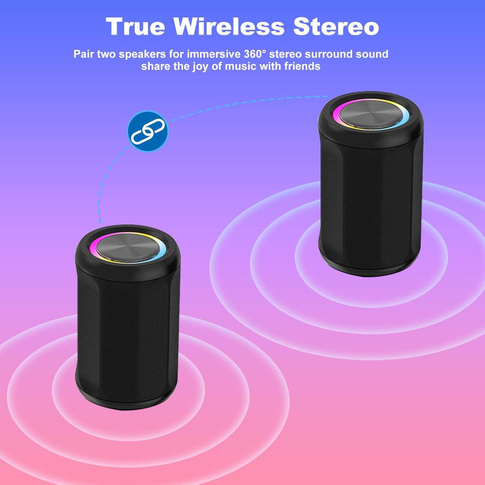 Portable Bluetooth 5.4 Speaker – 6W Wireless Audio Use – IPX55 Waterproof with RGB Light – AUX & TF Card Input, TWS Stereo Pairing – Black