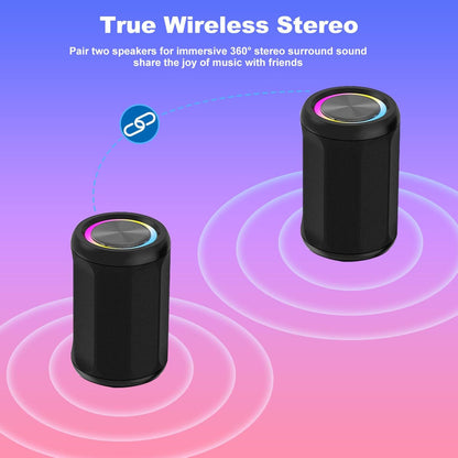 Portable Bluetooth 5.4 Speaker – 6W Wireless Audio Use – IPX55 Waterproof with RGB Light – AUX & TF Card Input, TWS Stereo Pairing – Black