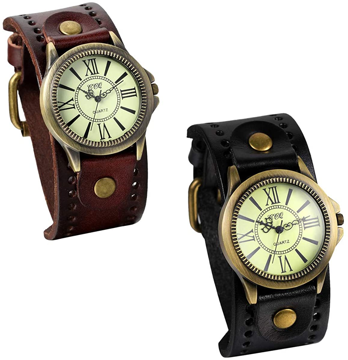 JewelryWe Vintage Wrist Watch Wide Leather Strap Band Cuff Quartz Watches for Men Women, for Valentine’s Day
