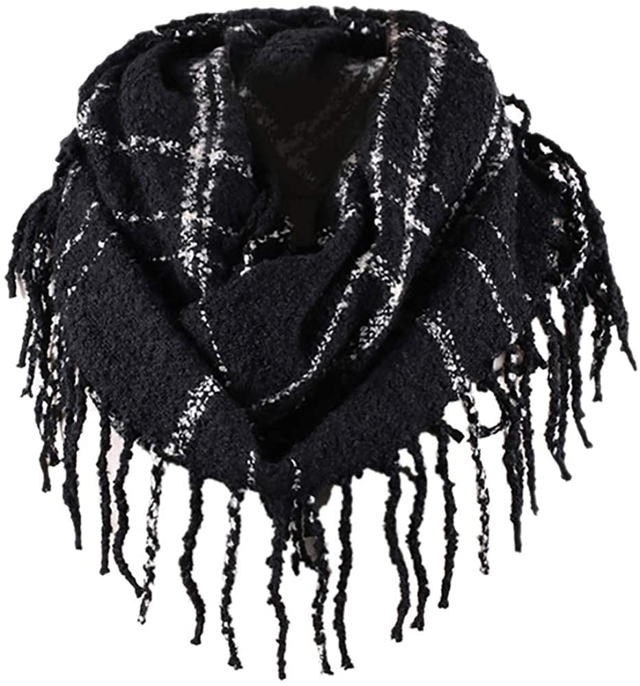 Womens Winter Plaid Infinity Scarf Warm Tassel Circle Loop Scarves & Knit Fall Scarfs for Women