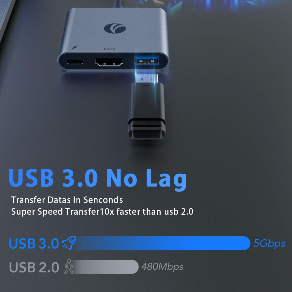 USB-C to HDMI Adapter - 3-in-1 4K@60Hz HDMI Adapter with 100W PD Charging & 5Gbps USB 3.0 Port, USB Hub Multiport