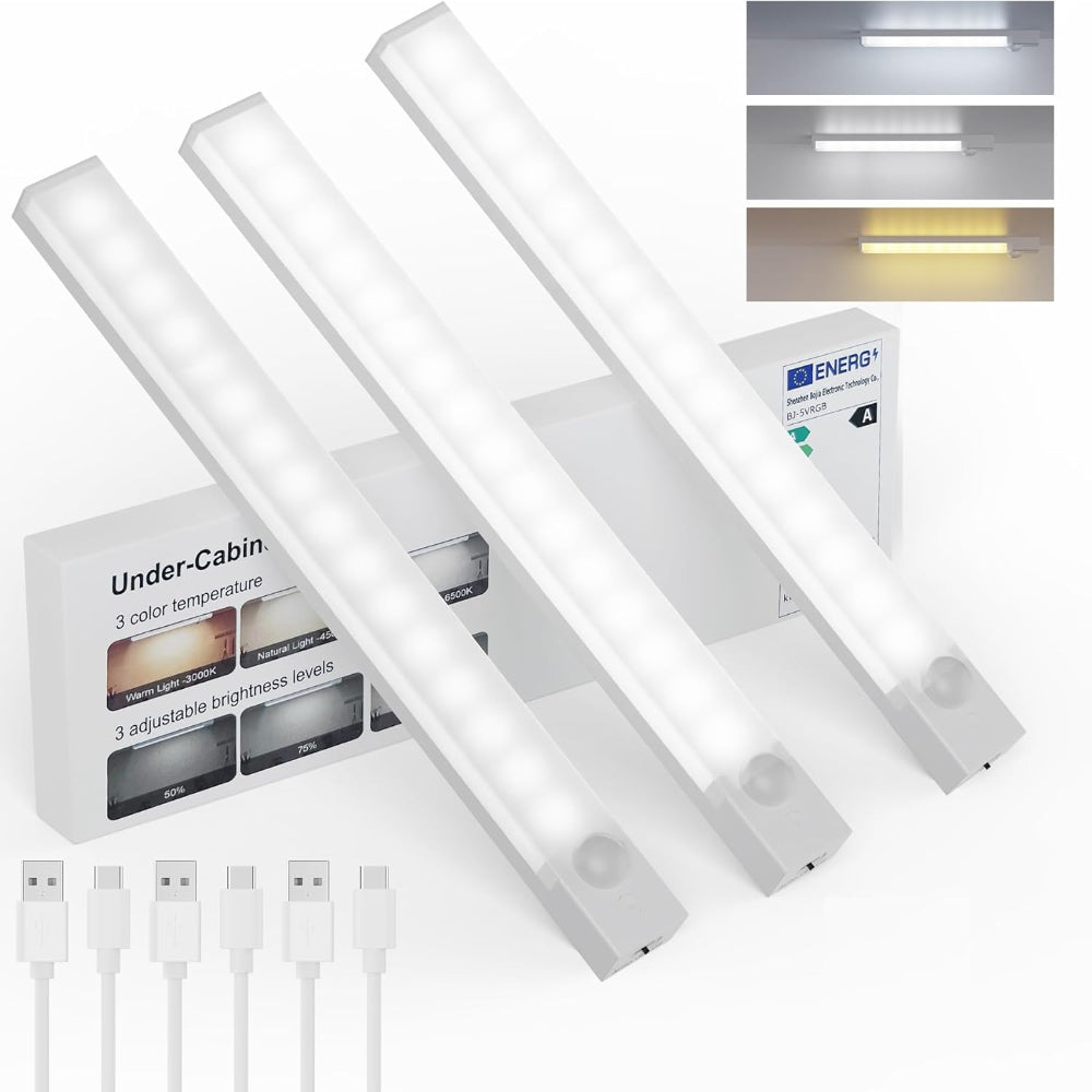 3-Pack Under Cabinet Lights – 8 Inch Motion Sensor LED, Rechargeable Wireless Closet Lighting