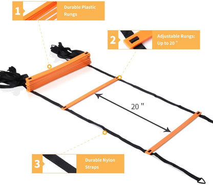 YISSVIC Agility Ladder and Cones 20 Feet 12 Adjustable Rungs Fitness Speed Training Equipment, 20 Feet Speed Agility 1 Carry Bags, 10 Cones, 4 Stakes, Basketball, Soccer, Football