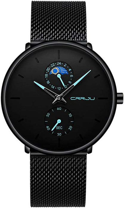Men's Minimalistic Ultra Thin Quartz Wrist Watch Stainless Steel Mesh Strap Black Casual 24H Display Dress Watch Men Analogue