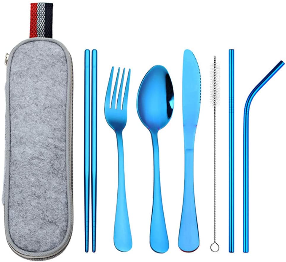 DZRZVD Portable Utensils Travel Camping Cutlery Set Including Knife Fork Spoon Chopsticks Cleaning Brush Straws Portable Case Stainless Steel Flatware Set