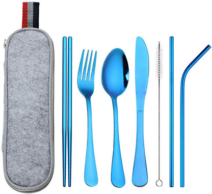 DZRZVD Portable Utensils Travel Camping Cutlery Set Including Knife Fork Spoon Chopsticks Cleaning Brush Straws Portable Case Stainless Steel Flatware Set