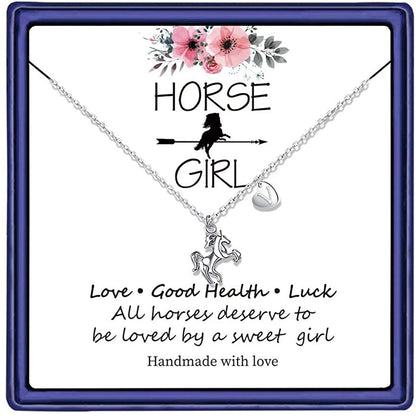  Girls 14K White Gold Plated Heart Initial Horse Necklace 