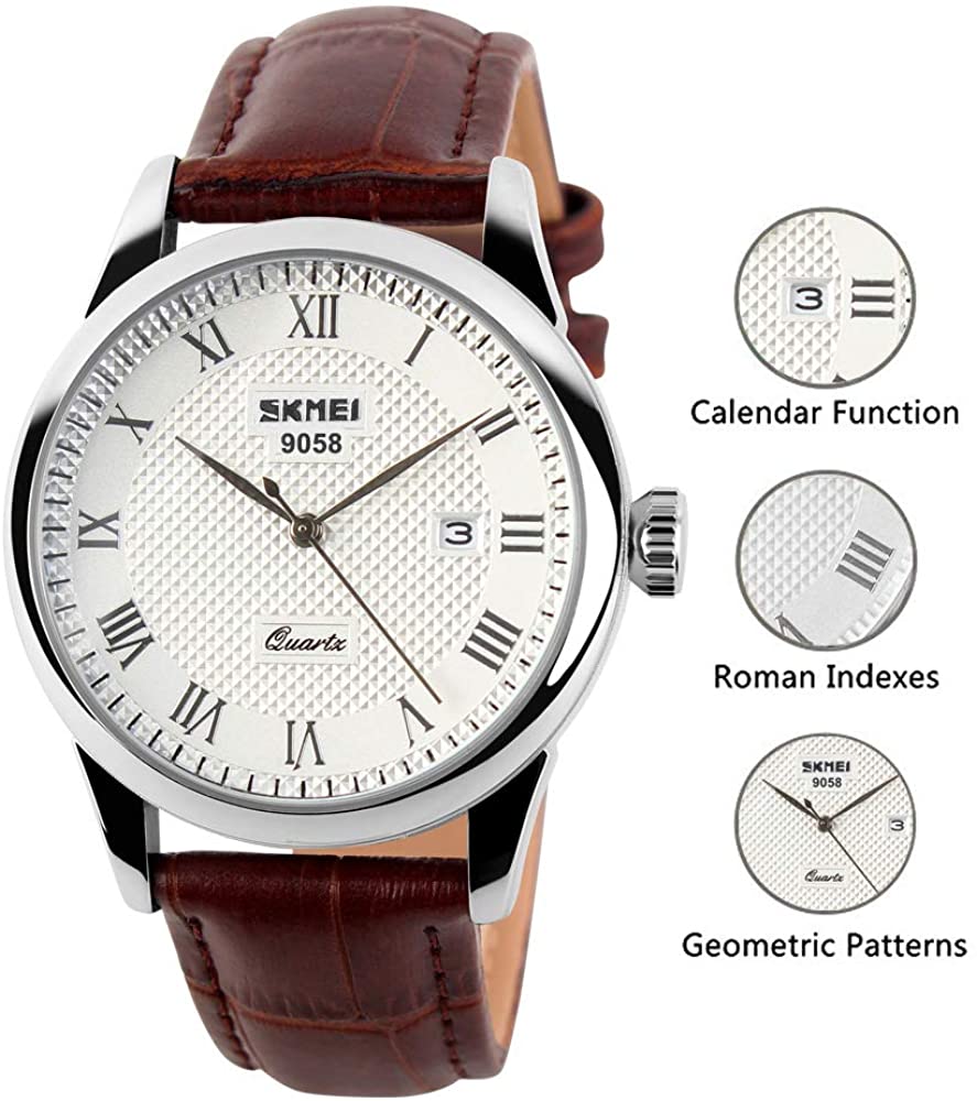 CakCity Men's Business Analogou Casual Watches Quartz Waterproof Wrist Watch with Golden Dial Brown Leather Band