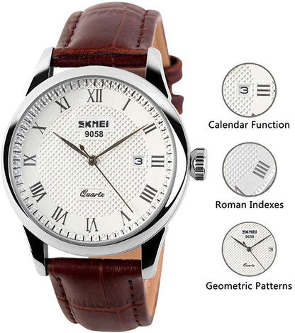 CakCity Men's Business Analogou Casual Watches Quartz Waterproof Wrist Watch with Golden Dial Brown Leather Band
