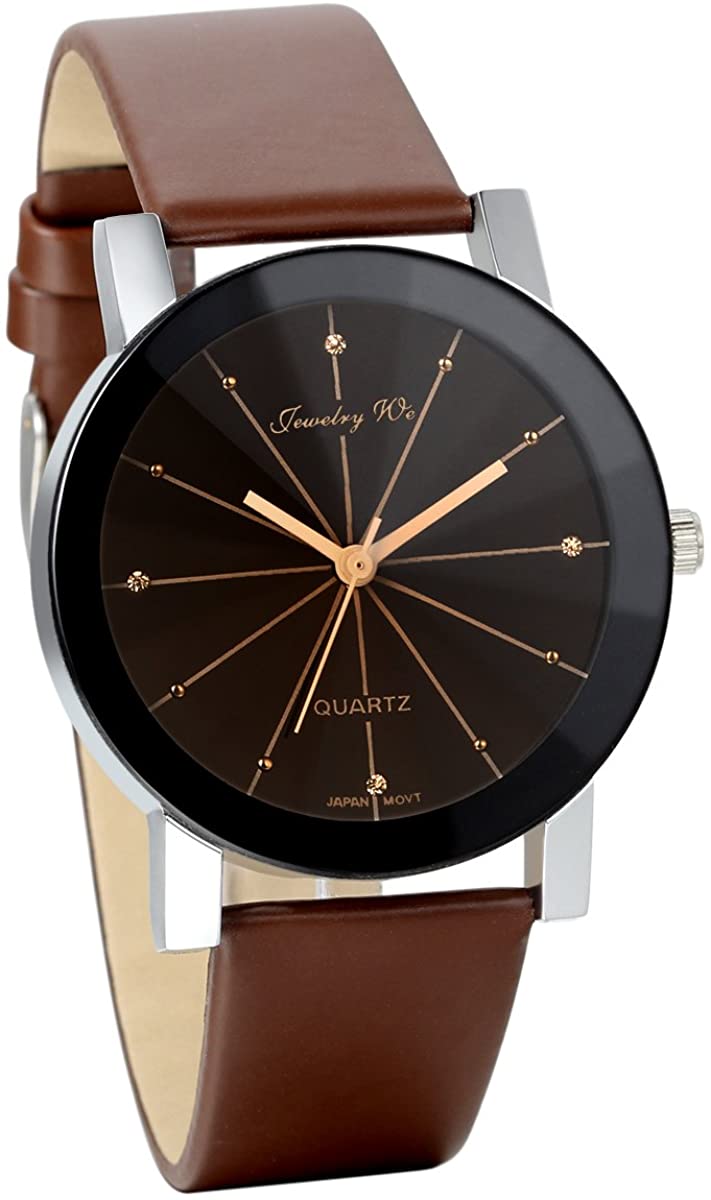 JewelryWe Men Women Watches Casual Simple Rhinestone Quartz Leather Wrist Watch for Valentine’s Day