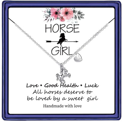  Girls 14K White Gold Plated Heart Initial Horse Necklace 
