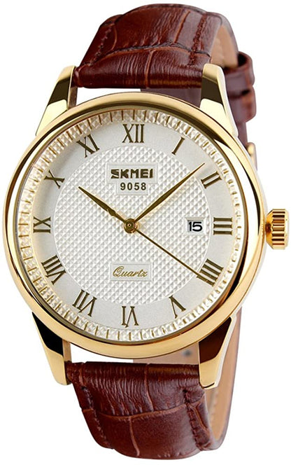 CakCity Men's Business Analogou Casual Watches Quartz Waterproof Wrist Watch with Golden Dial Brown Leather Band