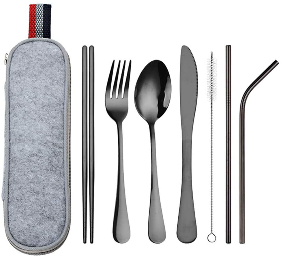 DZRZVD Portable Utensils Travel Camping Cutlery Set Including Knife Fork Spoon Chopsticks Cleaning Brush Straws Portable Case Stainless Steel Flatware Set