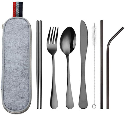 DZRZVD Portable Utensils Travel Camping Cutlery Set Including Knife Fork Spoon Chopsticks Cleaning Brush Straws Portable Case Stainless Steel Flatware Set