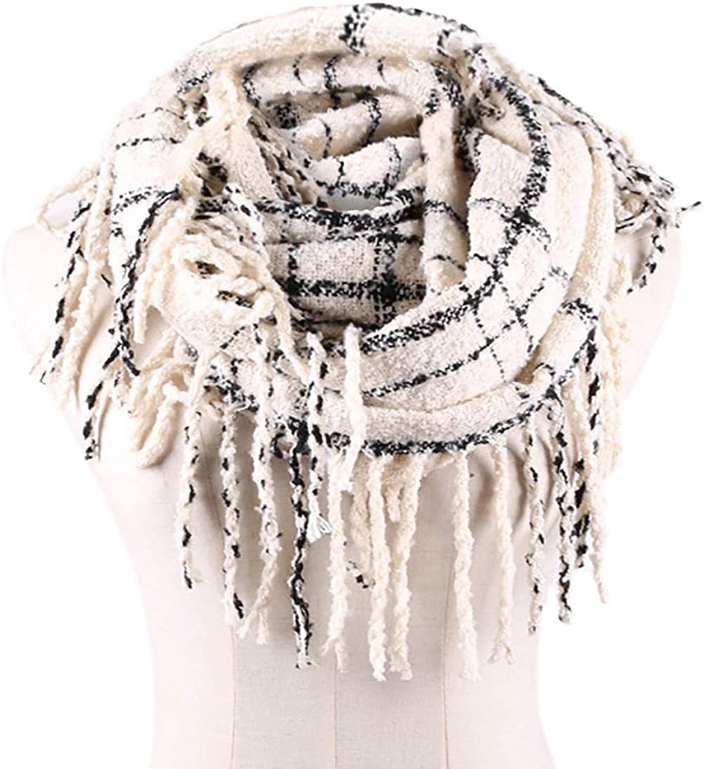 Womens Winter Plaid Infinity Scarf Warm Tassel Circle Loop Scarves & Knit Fall Scarfs for Women