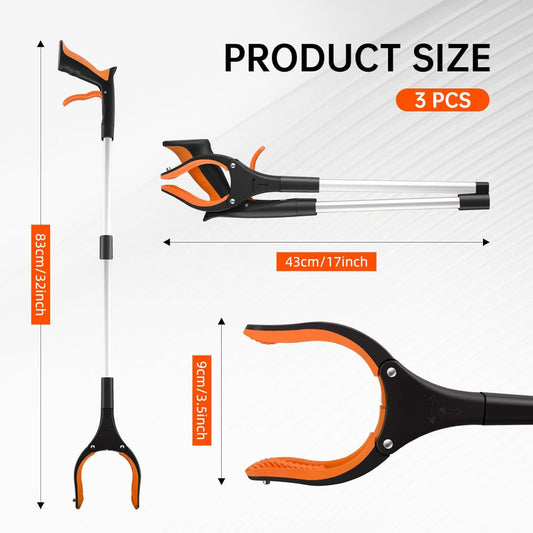 3-Pack 32" Foldable Grabber Reacher Tool – 360° Rotating Jaw with Magnetic Tip, Lightweight Pickup Tool for Trash, Garbage, Seniors & Elderly